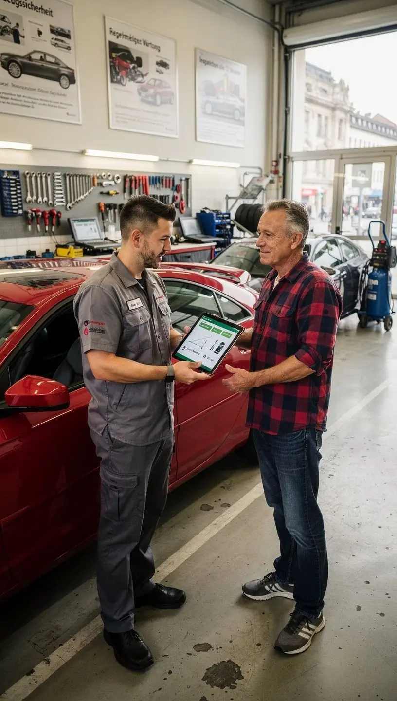 Experten analysieren Motor und Bremsen eines Autos im Vor-Kauf-Check
